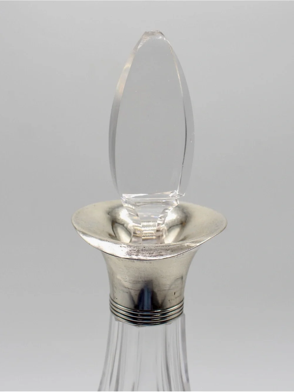 Antique Etched Crystal Decanter with Sterling Silver Collar